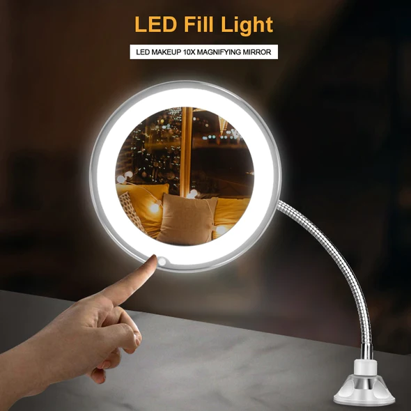 10X Magnifying LED Lighted Mirror | Flexible Gooseneck with Locking Suction Cup | 360 Degree Rotation, Cordless Design