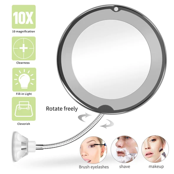 10X Magnifying LED Lighted Mirror | Flexible Gooseneck with Locking Suction Cup | 360 Degree Rotation, Cordless Design