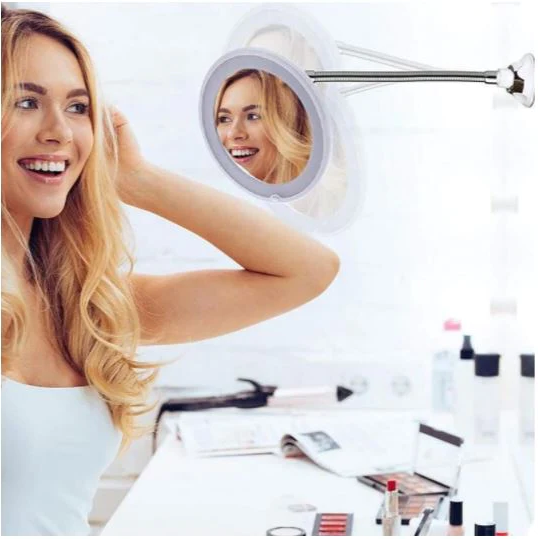 10X Magnifying LED Lighted Mirror | Flexible Gooseneck with Locking Suction Cup | 360 Degree Rotation, Cordless Design