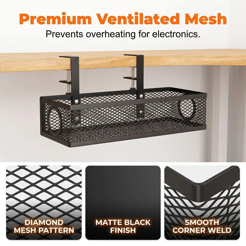 No-Drill Under-Desk Cable Management Tray Mesh Clamp Mount 4