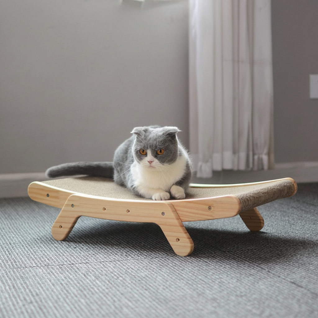 Curved Cat Scratcher Wood Frame | Ergonomic Lounge & Scratching Board | Replaceable Pad Protects Furniture & Reduces Clawing 1
