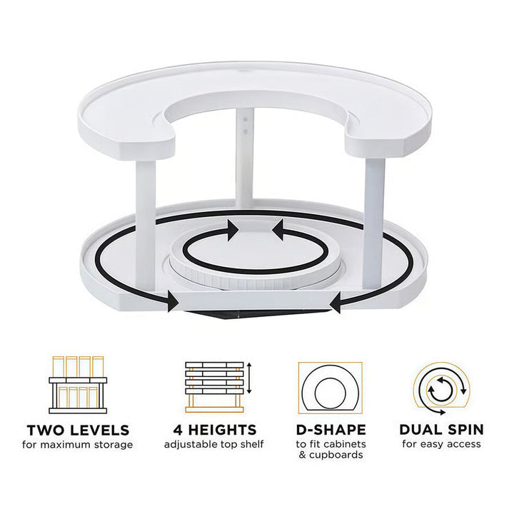2-Tier Lazy Susan D-Shape Corner Organiser | 360° Rotating Cabinet Turntable | Maximises Kitchen Storage Space
