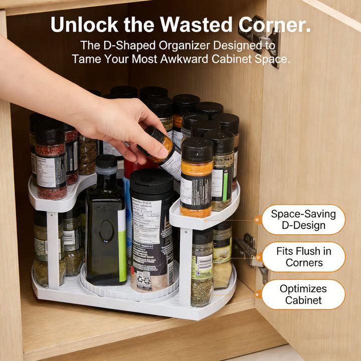 2-Tier Lazy Susan D-Shape Corner Organiser | 360° Rotating Cabinet Turntable | Maximises Kitchen Storage Space