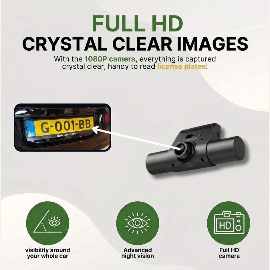 3-Camera Dash Cam | 1080P HD | Front, Rear &amp; Interior | Smart Parking Mode | Night Vision