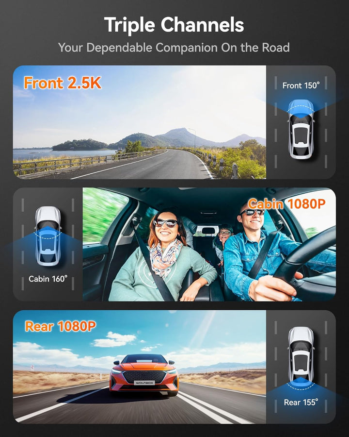 3-Channel Dash Cam | 4K Front | 1080P Rear &amp; Interior | Night Vision | GPS | WiFi | 32GB