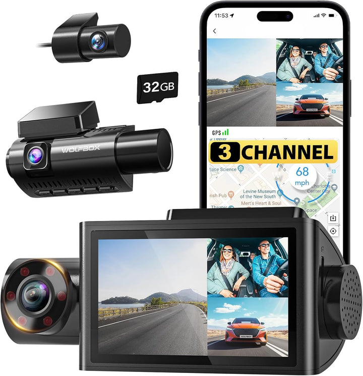3-Channel Dash Cam | 4K Front | 1080P Rear &amp; Interior | Night Vision | GPS | WiFi | 32GB