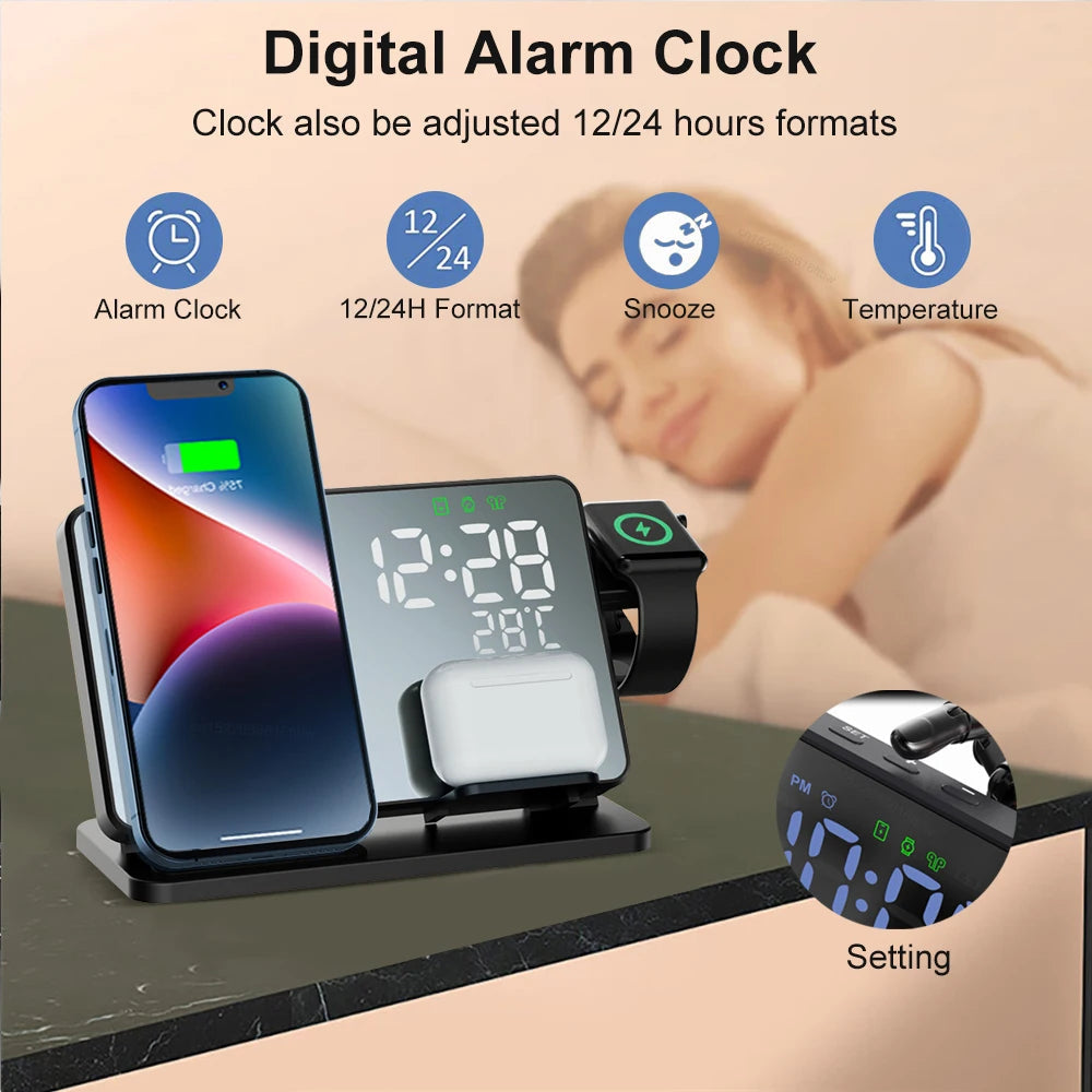 3-in-1 Charging Dock Station | Qi Fast Charging for Phone, Watch &amp; Earbuds | Built-In Alarm Clock, Compact Stand