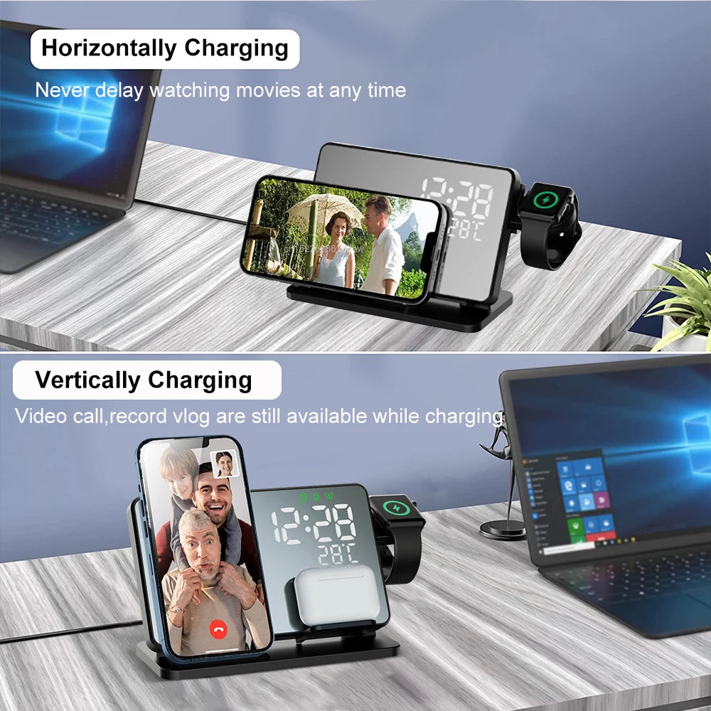 3-in-1 Charging Dock Station | Qi Fast Charging for Phone, Watch &amp; Earbuds | Built-In Alarm Clock, Compact Stand