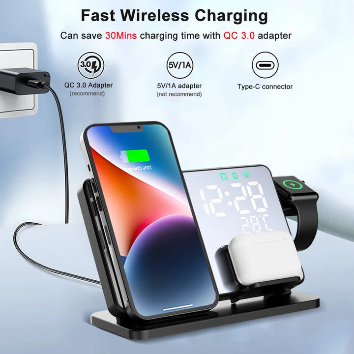 3-in-1 Charging Dock Station | Qi Fast Charging for Phone, Watch &amp; Earbuds | Built-In Alarm Clock, Compact Stand
