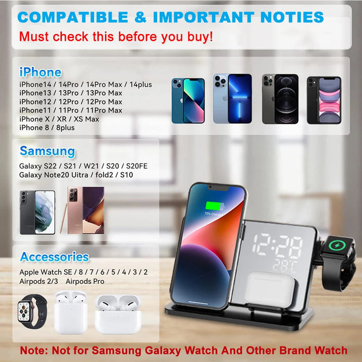 3-in-1 Charging Dock Station | Qi Fast Charging for Phone, Watch &amp; Earbuds | Built-In Alarm Clock, Compact Stand