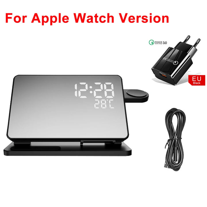3-in-1 Charging Dock Station | Qi Fast Charging for Phone, Watch &amp; Earbuds | Built-In Alarm Clock, Compact Stand