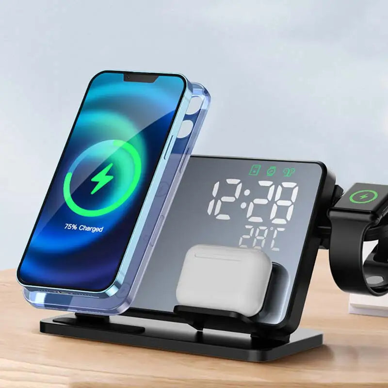 3-in-1 Charging Dock Station | Qi Fast Charging for Phone, Watch & Earbuds | Built-In Alarm Clock, Compact Stand