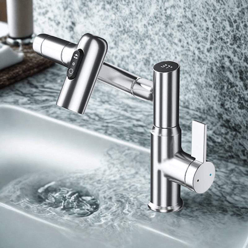 360° Rotating Kitchen Tap Stainless Steel | Height Adjustable Spout with Temperature Indicator | Splash-Free Chrome Finish