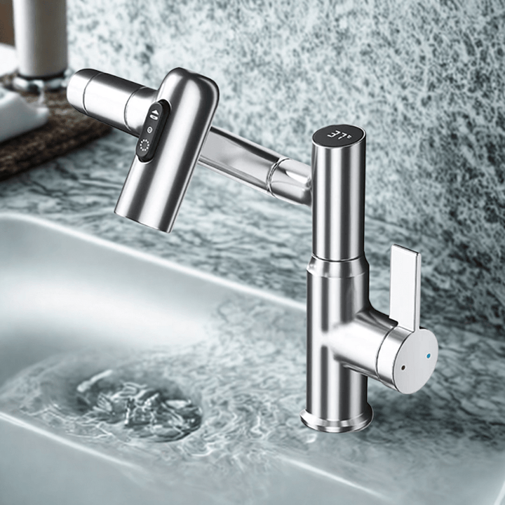 360° Rotating Kitchen Tap Stainless Steel | Height Adjustable Spout with Temperature Indicator | Splash-Free Chrome Finish