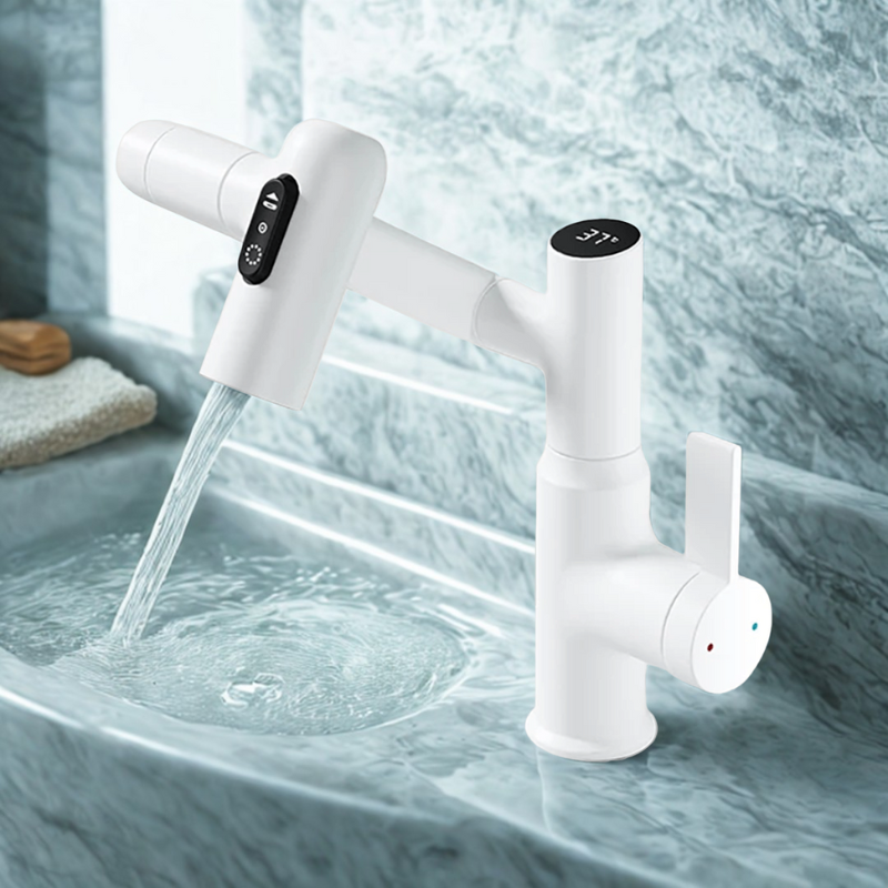 360° Rotating Kitchen Tap Stainless Steel | Height Adjustable Spout with Temperature Indicator | Splash-Free Chrome Finish