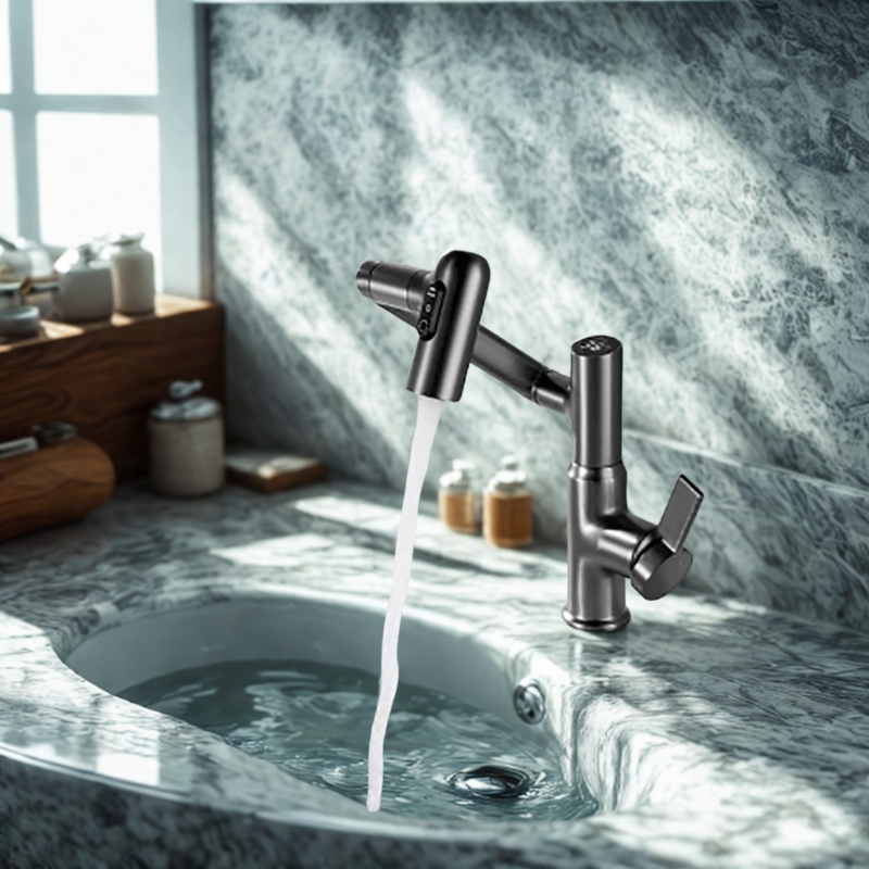 360° Rotating Kitchen Tap Stainless Steel | Height Adjustable Spout with Temperature Indicator | Splash-Free Chrome Finish
