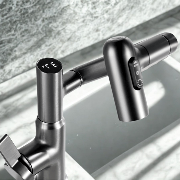 360° Rotating Kitchen Tap Stainless Steel | Height Adjustable Spout with Temperature Indicator | Splash-Free Chrome Finish