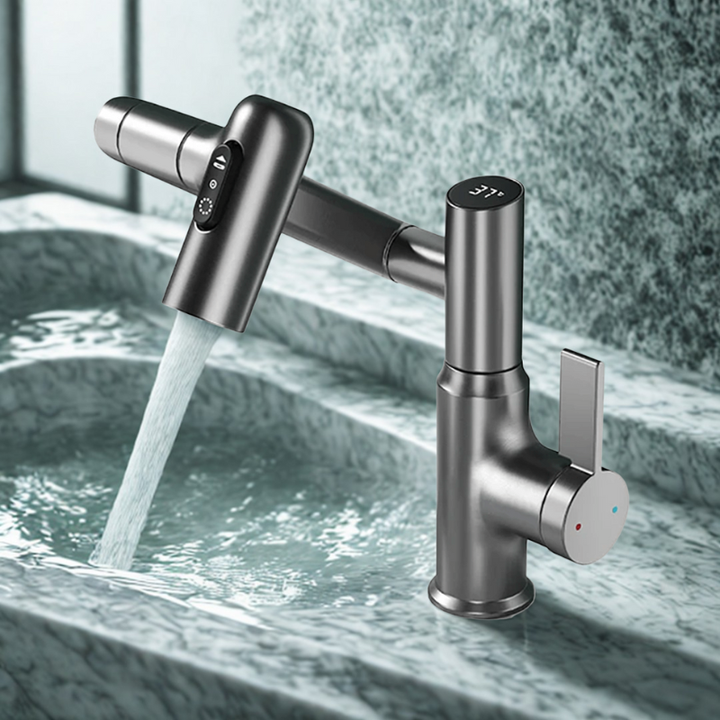 360° Rotating Kitchen Tap Stainless Steel | Height Adjustable Spout with Temperature Indicator | Splash-Free Chrome Finish