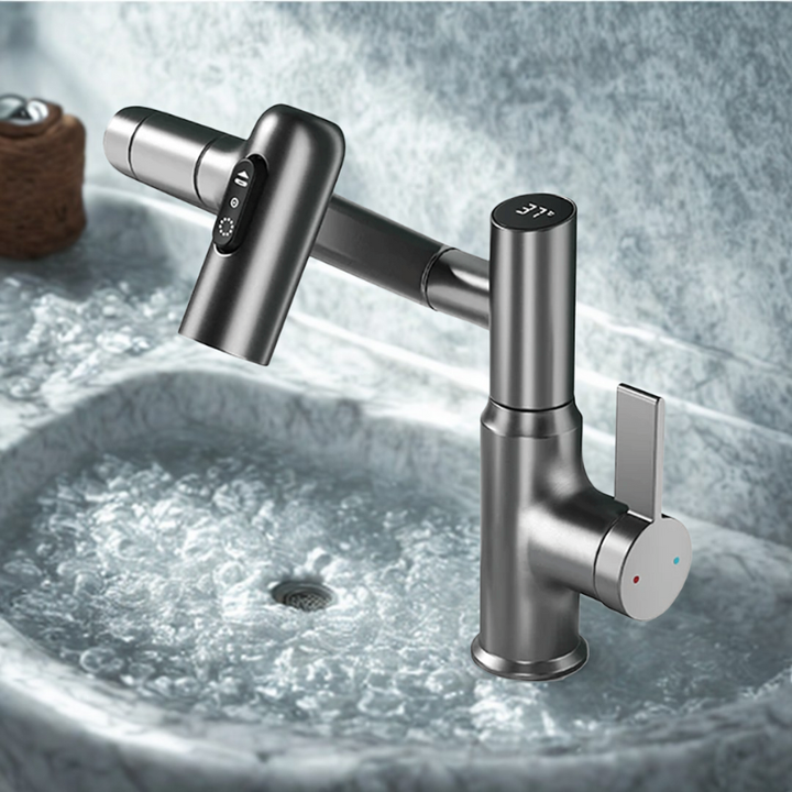 360° Rotating Kitchen Tap Stainless Steel | Height Adjustable Spout with Temperature Indicator | Splash-Free Chrome Finish