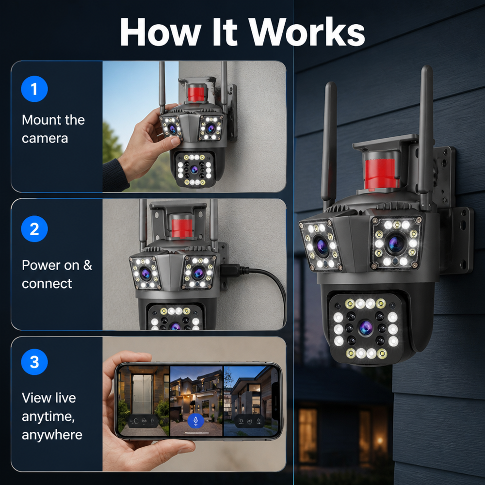 360° Wireless Security Camera Multi-Lens | 1080P HD Video with No Blind Spots | Two-Way Talk & Motion Alerts, IP66 Weatherproof