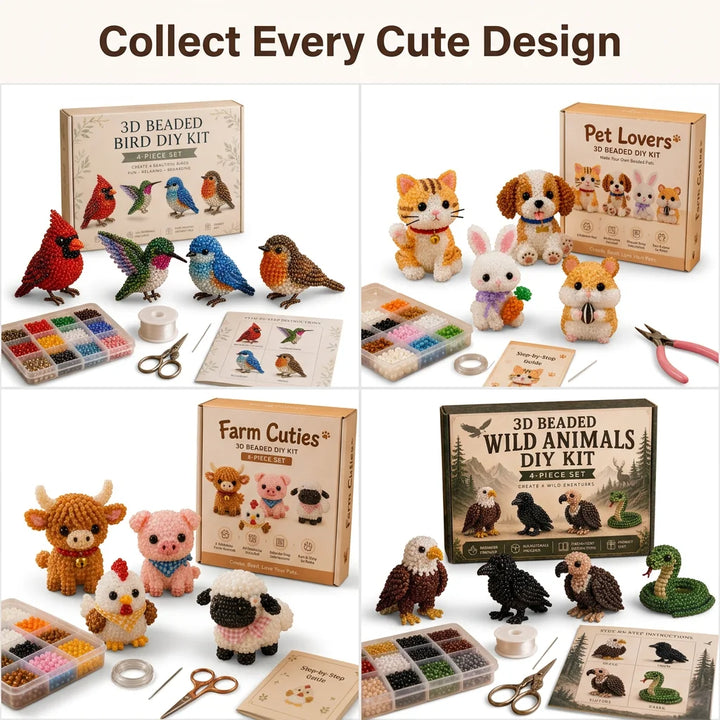 3D Bead Animal Craft Kit | Complete Beginner Kit with Tools &amp; Guide | Detailed Handmade Animal Figures for Home Décor Display