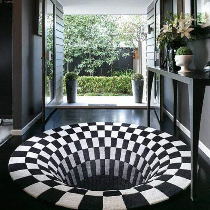 3D Optical Illusion Floor Rug Polyester | Black Hole Print, Anti-Slip Backing | Plush Mat for Living Room & Office