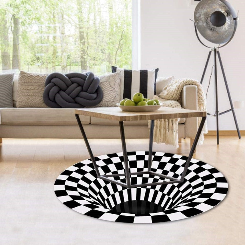 3D Optical Illusion Floor Rug Polyester | Black Hole Print, Anti-Slip Backing | Plush Mat for Living Room &amp; Office