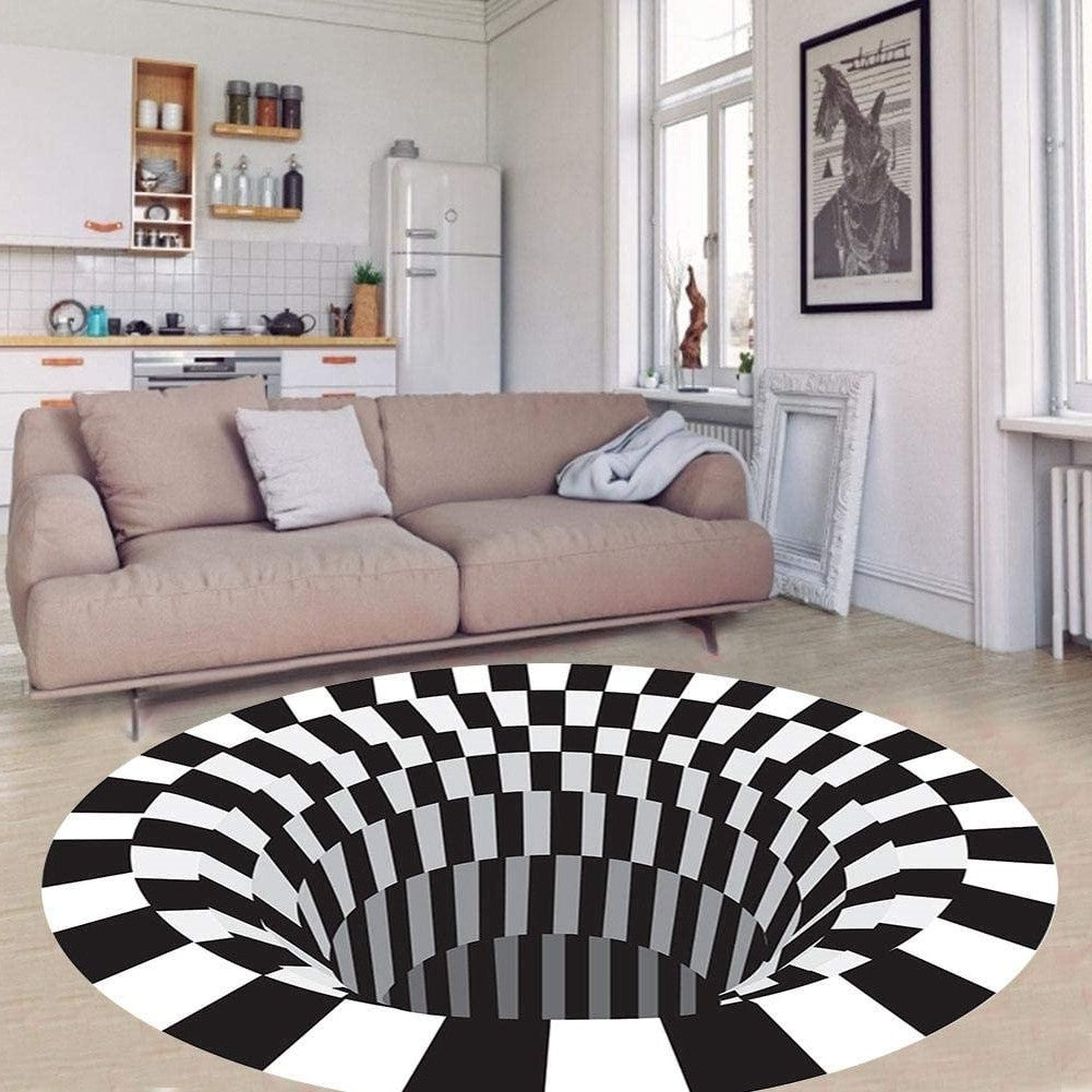 3D Optical Illusion Floor Rug Polyester | Black Hole Print, Anti-Slip Backing | Plush Mat for Living Room & Office