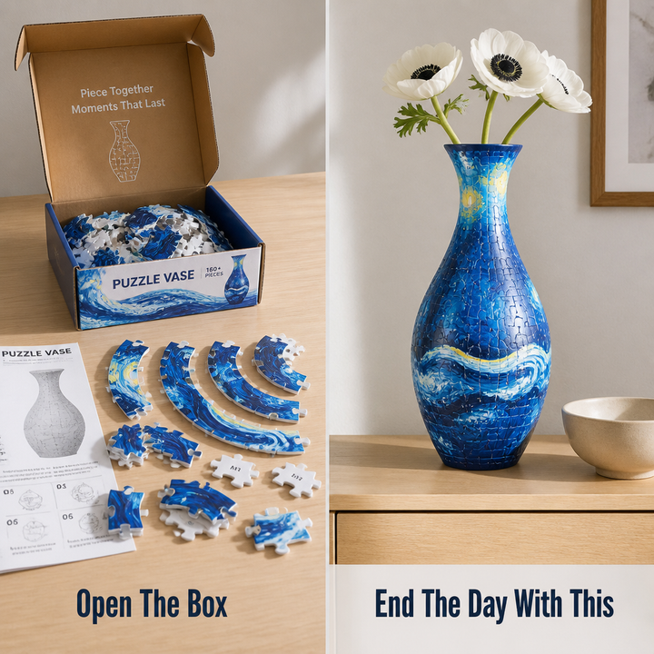 3D Puzzle Vase 160 Pieces | Waterproof Insert Holds Real Flowers | Snap-Fit Build, No Glue, 6 Porcelain-Look Designs