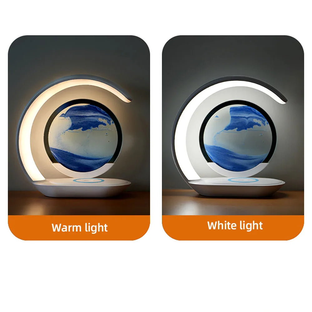 3D Sand Art Table Lamp | Wireless Charger & Night Light Built In | Moving Sand Art Display for Desk or Bedside