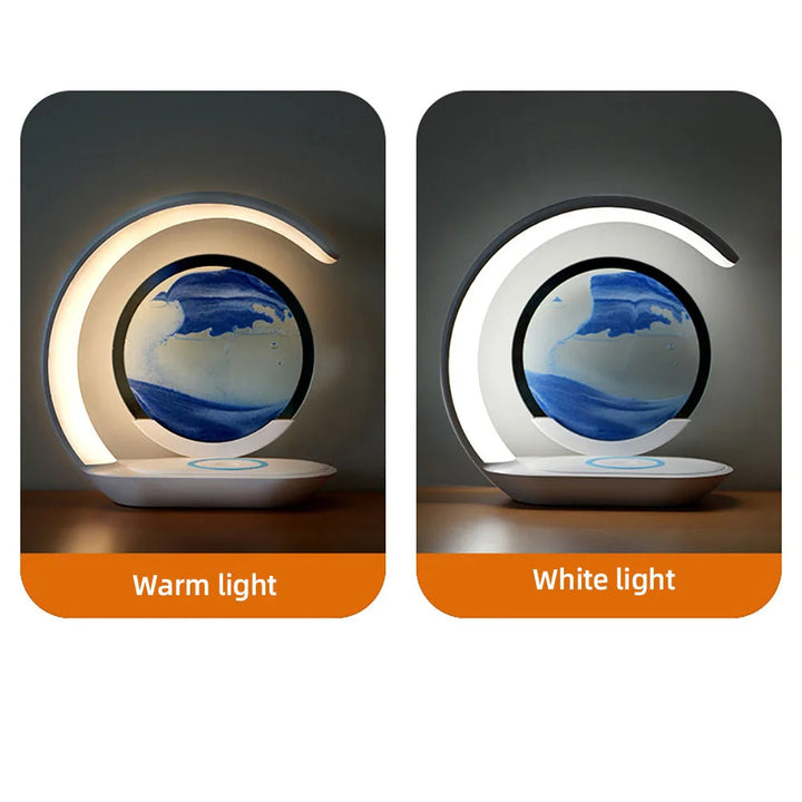 3D Sand Art Table Lamp | Wireless Charger &amp; Night Light Built In | Moving Sand Art Display for Desk or Bedside