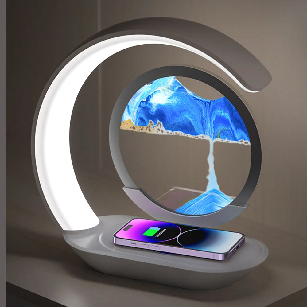 3D Sand Art Table Lamp | Wireless Charger & Night Light Built In | Moving Sand Art Display for Desk or Bedside