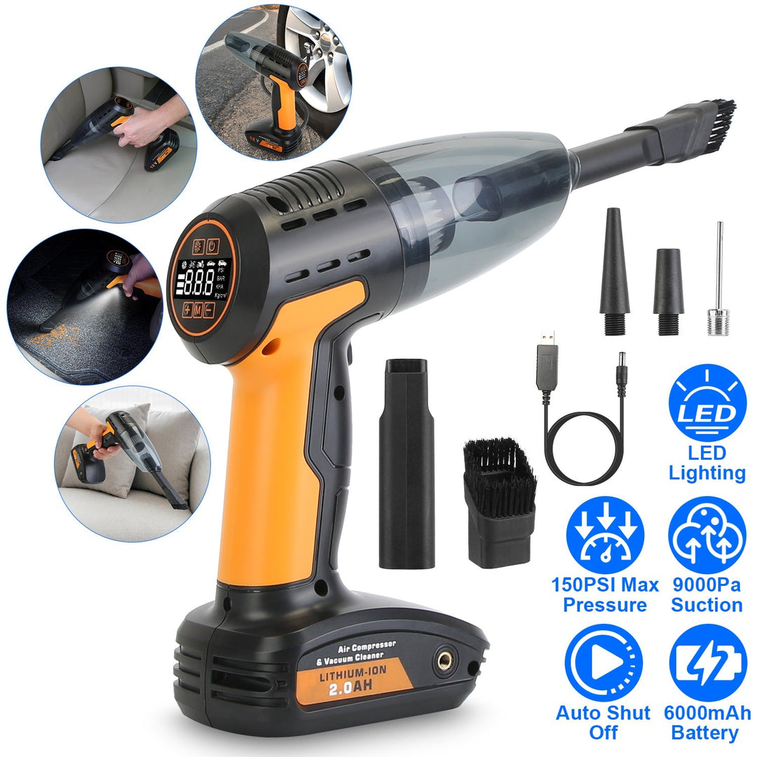 4-in-1 Cordless Car Vacuum &amp; Tyre Inflator | 9000Pa | 120W | 6000mAh | LED Light | Auto Shut-Off