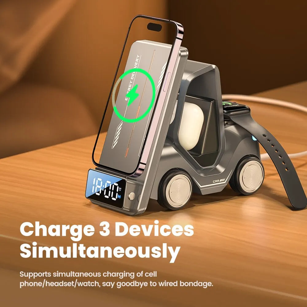 5-in-1 Wireless Charging Stand | 15W Fast Charging for iPhone, Apple Watch & AirPods | Alarm Clock & Night Light