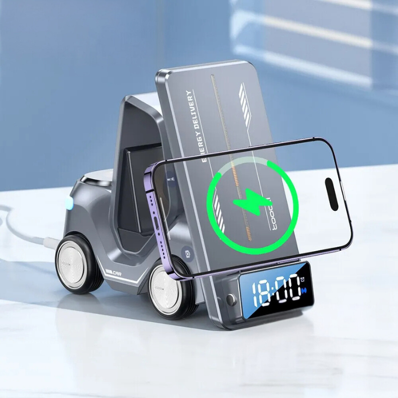 5-in-1 Wireless Charging Stand | 15W Fast Charging for iPhone, Apple Watch & AirPods | Alarm Clock & Night Light