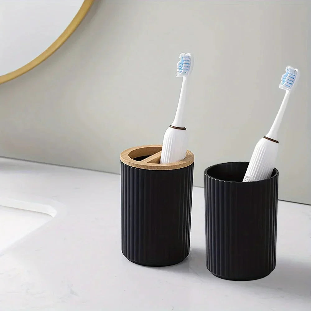 6-Piece Bathroom Accessories Set with Bamboo Accents | Soap Dispenser, Toothbrush Holder &amp; Waste Bin | Organise Your Bathroom