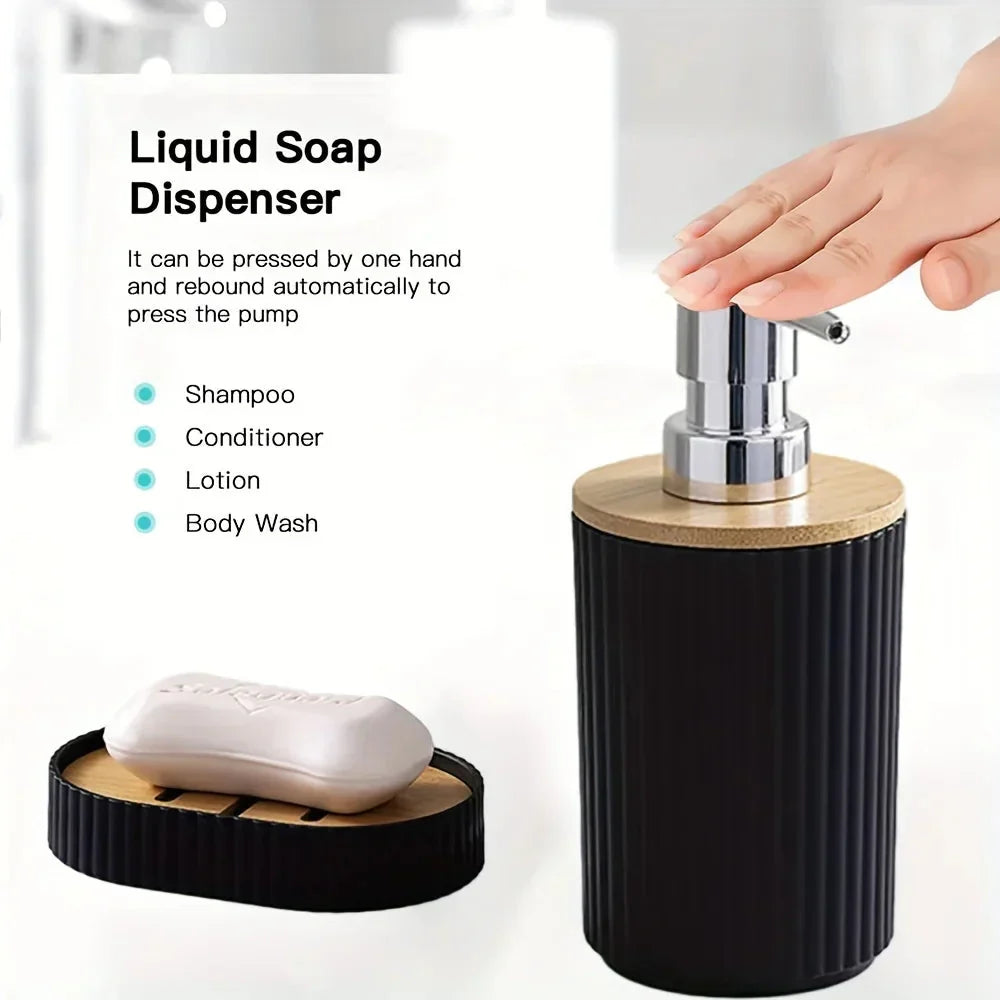 6-Piece Bathroom Accessories Set with Bamboo Accents | Soap Dispenser, Toothbrush Holder &amp; Waste Bin | Organise Your Bathroom