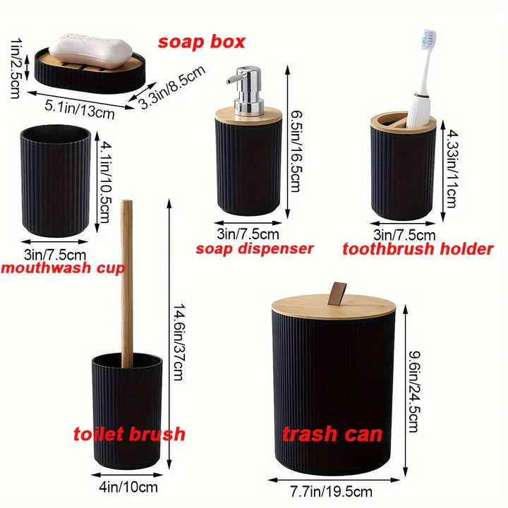 6-Piece Bathroom Accessories Set with Bamboo Accents | Soap Dispenser, Toothbrush Holder &amp; Waste Bin | Organise Your Bathroom
