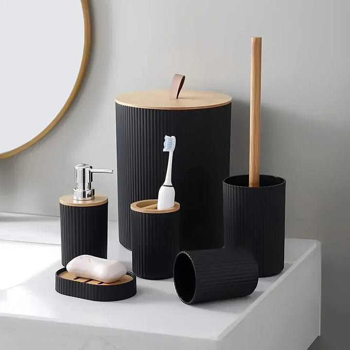 6-Piece Bathroom Accessories Set with Bamboo Accents | Soap Dispenser, Toothbrush Holder &amp; Waste Bin | Organise Your Bathroom