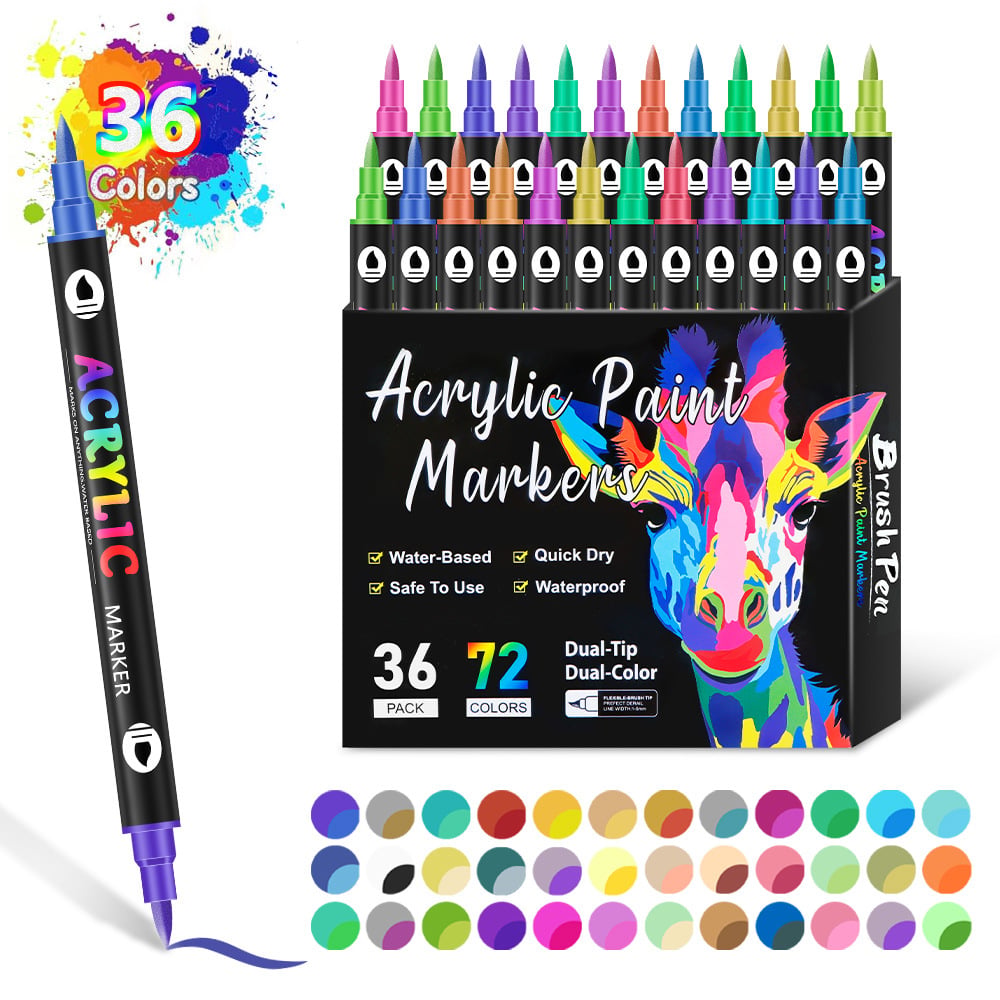 Acrylic Marker Set 36 Double-Sided Markers | 72 Colours, Fine & Broad Tips | Quick-Drying, Smudge-Resistant Ink