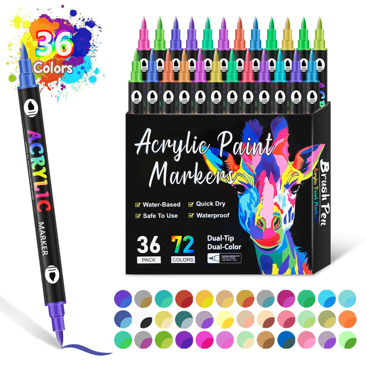 Acrylic Marker Set 36 Double-Sided Markers | 72 Colours, Fine &amp; Broad Tips | Quick-Drying, Smudge-Resistant Ink