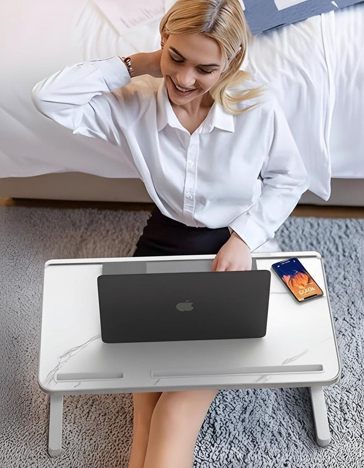 Adjustable Laptop Stand for Bed Aluminium | Folding Desk with Storage Drawer | Ergonomic Height and Tilt Support