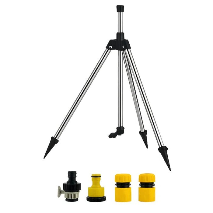 Adjustable Tripod Lawn Sprinkler | 360° Coverage | 53–90cm Height | Stainless Steel & ABS | Hose Adapters Included