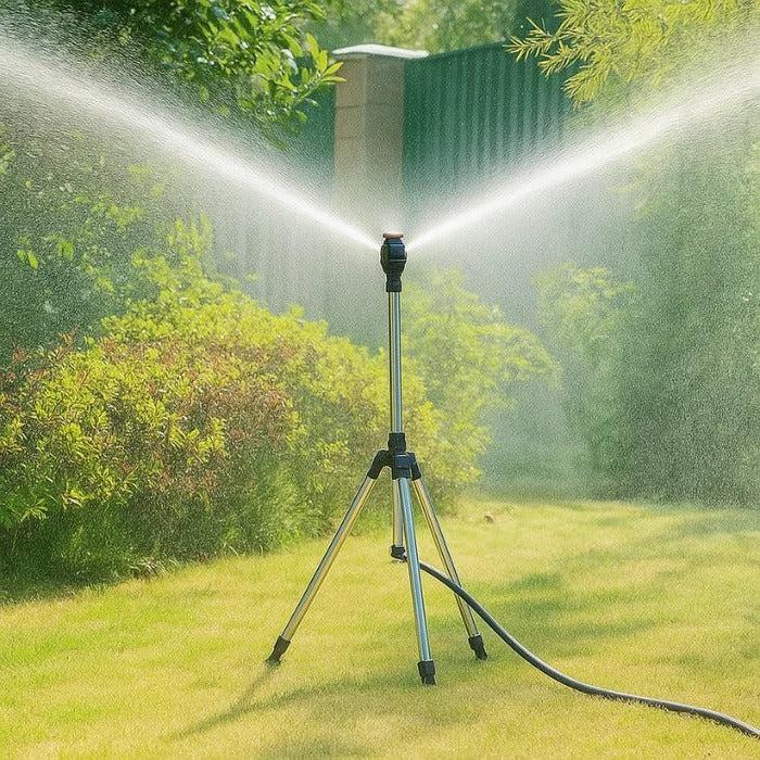 Adjustable Tripod Lawn Sprinkler | 360° Coverage | 53–90cm Height | Stainless Steel &amp; ABS | Hose Adapters Included