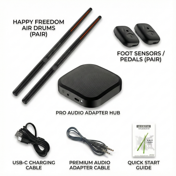 Air Drum Kit | Motion-Sensing Sticks and Foot Pedals | Rechargeable Battery, Silent Headphone Practice, Three Colours
