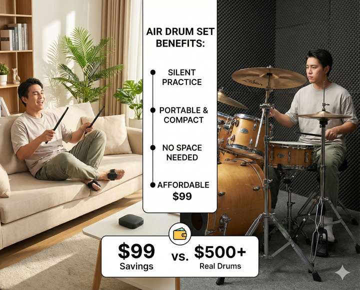 Air Drum Kit | Motion-Sensing Sticks and Foot Pedals | Rechargeable Battery, Silent Headphone Practice, Three Colours