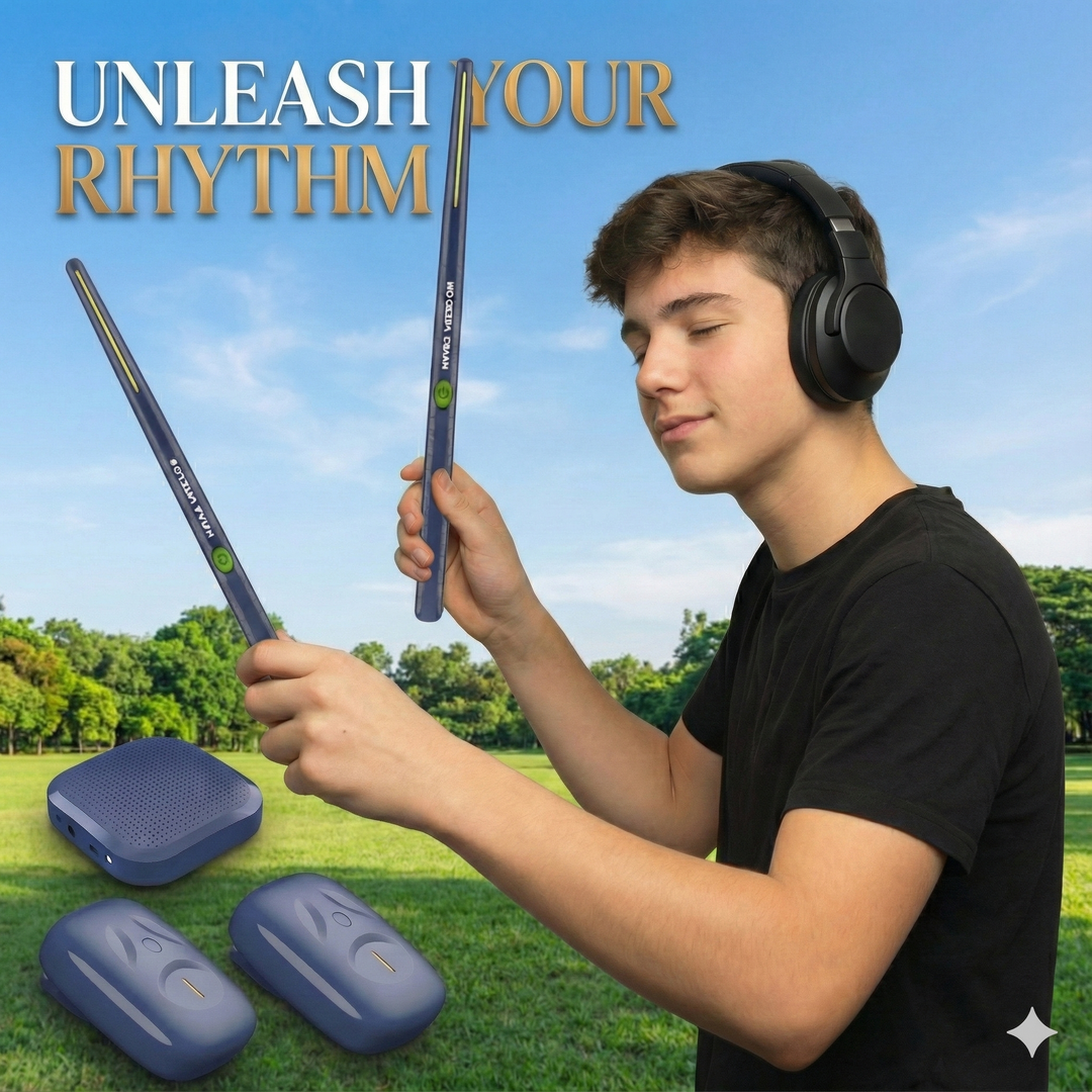 Air Drum Kit | Motion-Sensing Sticks and Foot Pedals | Rechargeable Battery, Silent Headphone Practice, Three Colours