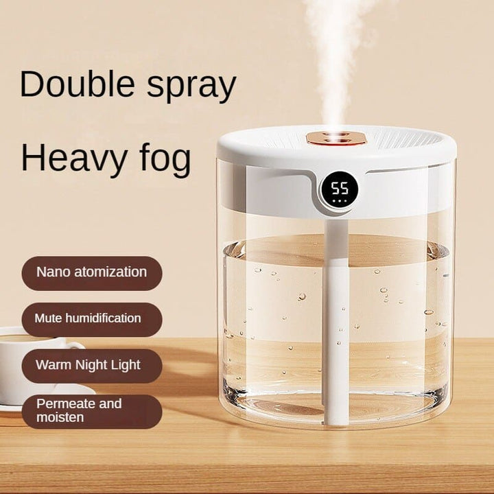 Air Humidifier 2L Tank | Dual Mist Outlets, Digital Display &amp; Ambient Light | Even Humidification for Larger Rooms