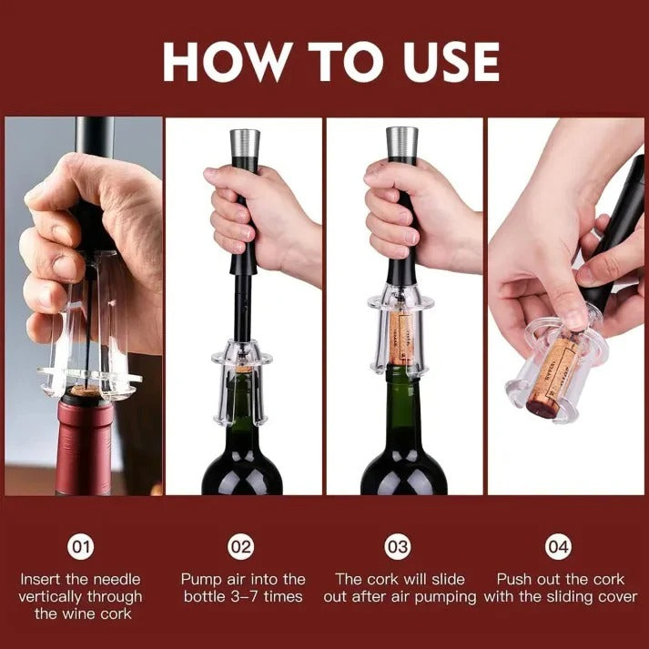 Air Pressure Wine Opener Set | Needle Cork Extractor with Foil Cutter, Pourer &amp; Stopper | No Batteries or Gas Needed