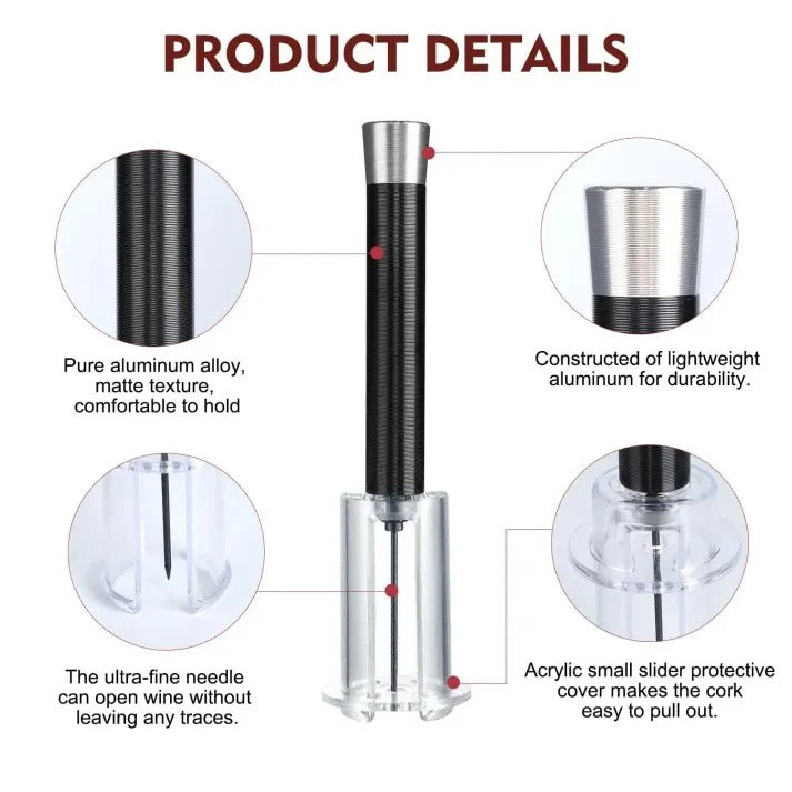 Air Pressure Wine Opener Set | Needle Cork Extractor with Foil Cutter, Pourer &amp; Stopper | No Batteries or Gas Needed